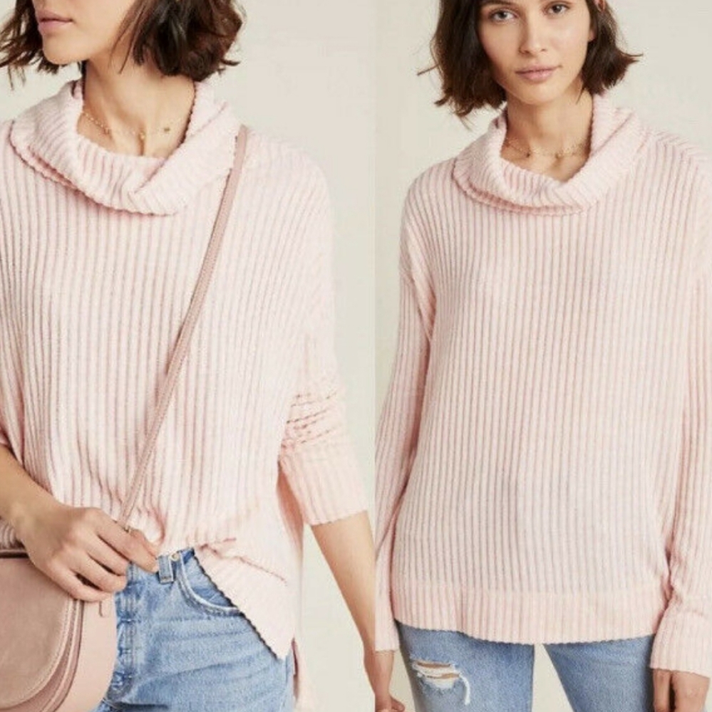 Maeve Anthropologie Light Pink Ribbed Cowl Turtleneck Sweater Medium - Picture 13 of 13